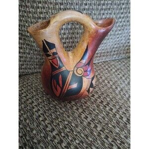 Southwestern Design Red, black, two spouted Wedding Pot Mexico  clay Signed 5"